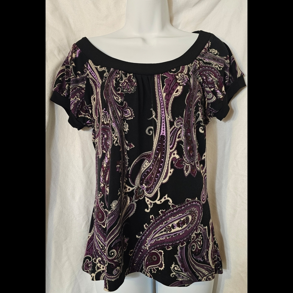 Van Heusen Black and Purple Paisley Blouse- Med